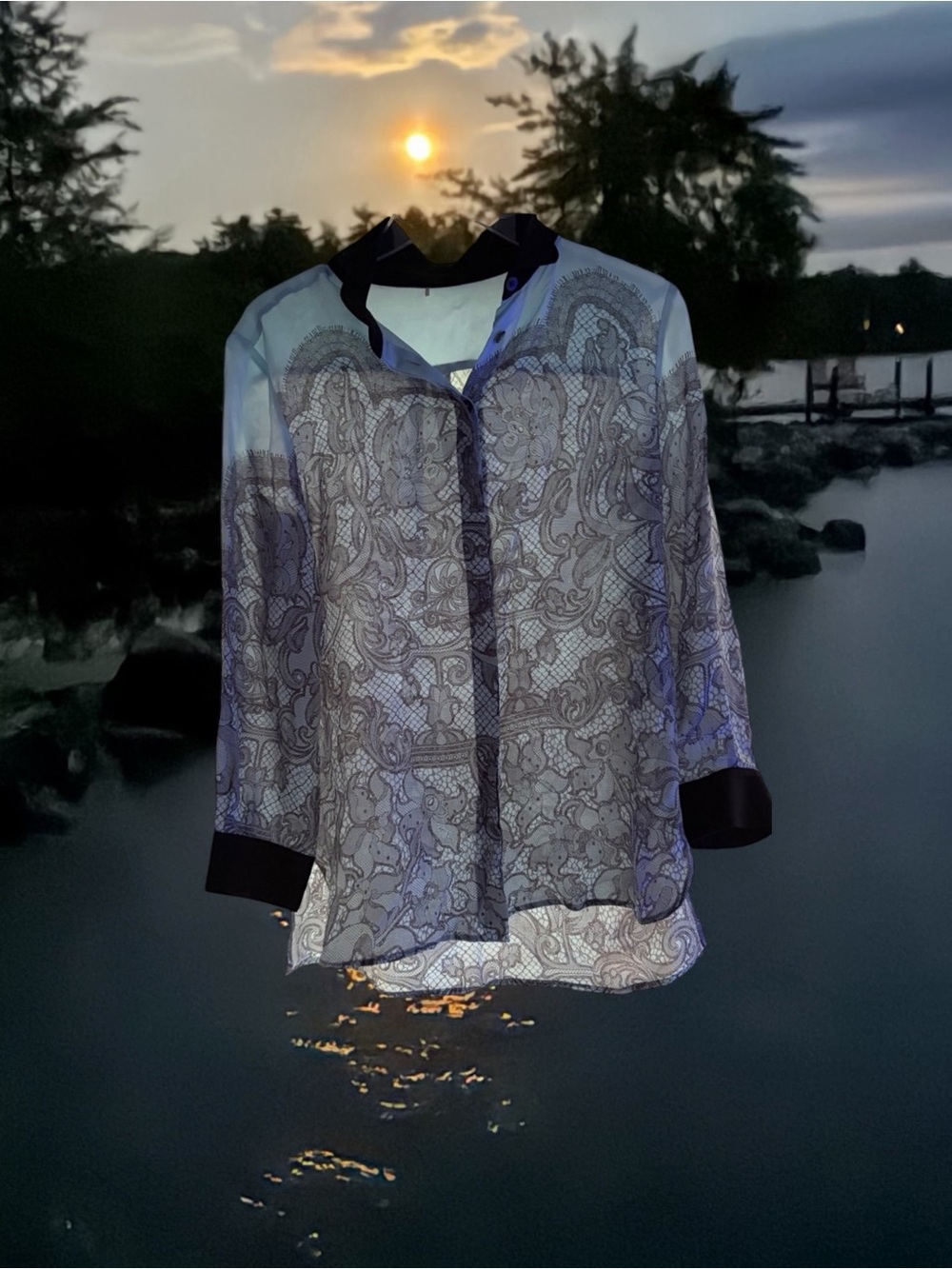 Emilio Pucci Sheer Lace-Print Blouse in Navy and Black